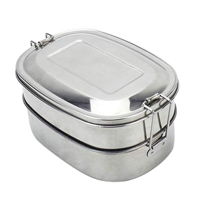 Stainless Steel Bento Lunch Boxes, 23 OZ The All-in-one Stackable Lunchbox Includes 2 Stackable Food Containers with Lock Clips (TOTAL 23 OZ)