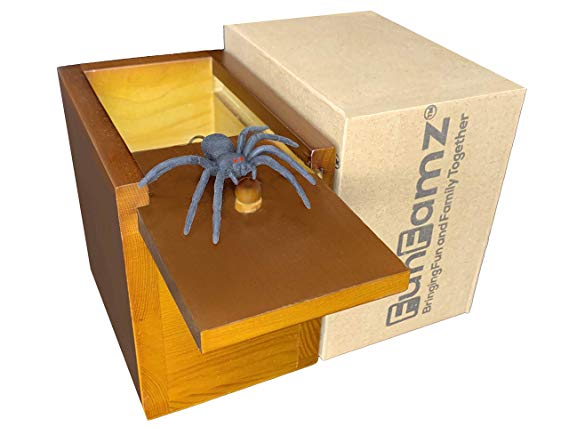 FunFamz The Original Spider Prank Box-Dark Honey Color Stain Hilarious Wooden Box Toy Prank, Funny Money Gift Box Surprise Toy, and Fathers Day Gag Gift Prank