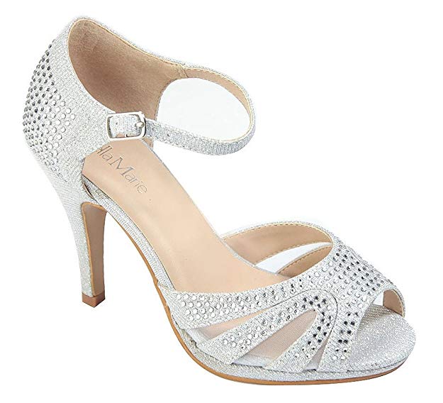 Chicastic Rhinestone Pumps T-Strap Peep Toe Women's 4.5" High Heel Platform Bridal, Party, Prom, Wedding Shoes