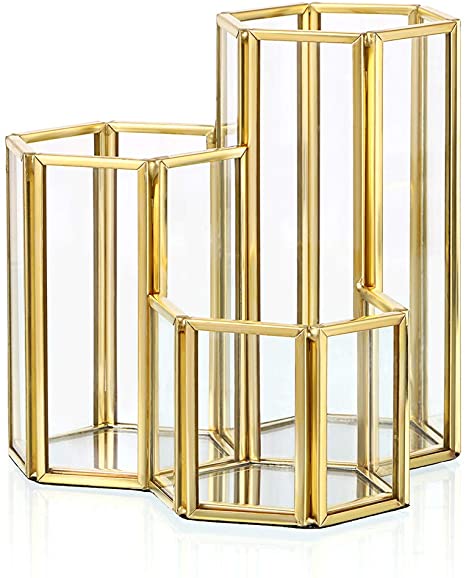 Hipiwe 3 Slots Glass Makeup Brush Holder - Gold Hexagon Cosmetics Brush Eyeliners Display Cup Home Decorative Makeup Organizer Desktop Pen/Pencil Pot Holder for Office