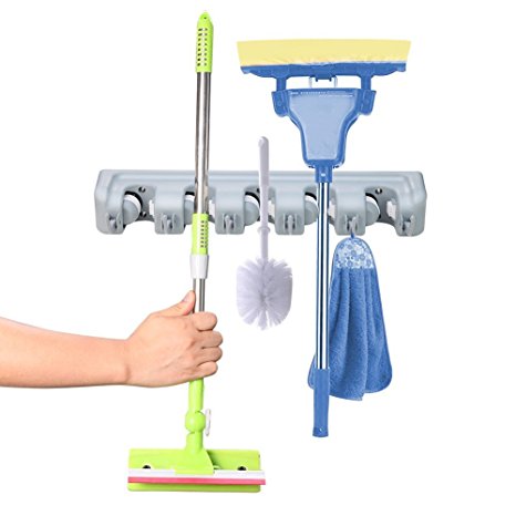 MENZO Mop and Broom Holder Wall Mounted Garden Storage Rack 5 position with 6 hooks garage Holds up to 11 Tools [3 Yera Warranty]