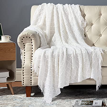 Bedsure White Throw Blanket for Couch, Bed, Sofa, Car, Travel, Picnic - Lightweight Knit Blanket Summer Blanket with Tassels, 100% Acrylic, 50x60 Inch
