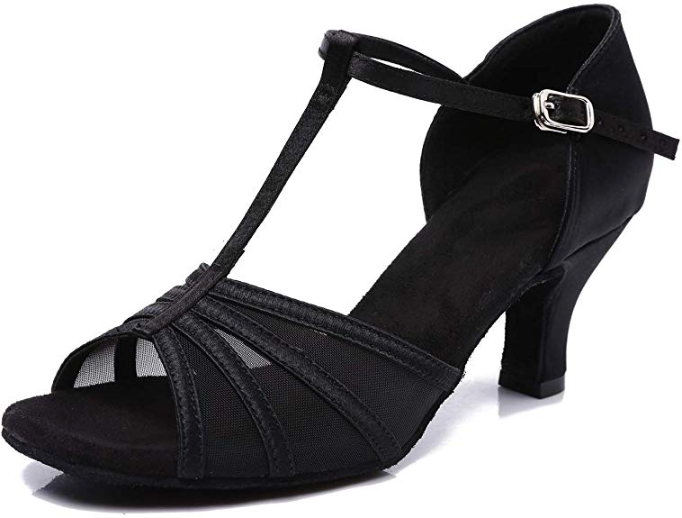 CLEECLI Women's Ballroom Dance Shoes Latin Salsa Dance Shoes T-Strap Sandals 2.5" 3" Heel ZB01