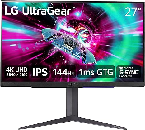 LG 27" UltraGear 4K UHD (3840x2160) Gaming Monitor, 144Hz, 1ms, VESA DisplayHDR 400, G-SYNC and AMD FreeSync Premium, HDMI 2.1, DisplayPort, 4-Pole HP Out DTS HP:X, Tilt/Height/Pivot Stand, Black