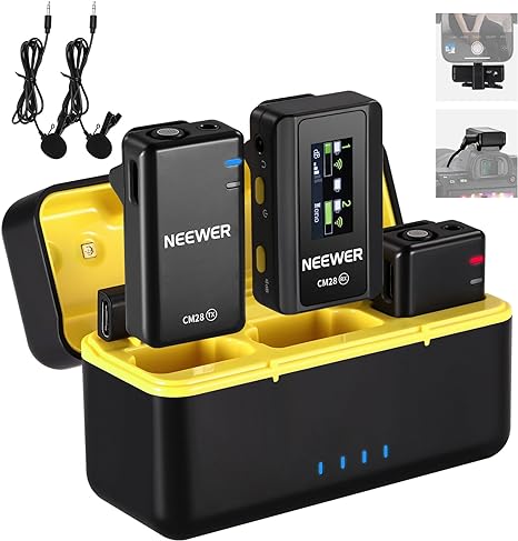 Neewer CM28 Wireless Lavalier Microphone System with Charging Case, 2 Mic Clips, 1 Click Noise Canceling, 4GB Storage, 9H Playtime, Lavalier Lapel Mic Compatible with iPhone/Android/PC/Camera