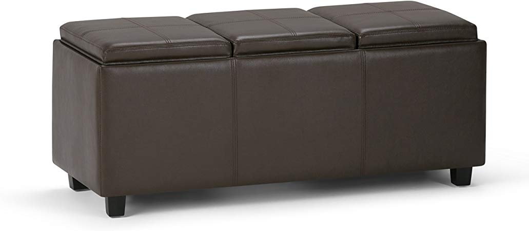 Simpli Home 3AXCAVA-OTTBNCH-02-CBR Avalon 42 inch Wide Contemporary Rectangle Storage Ottoman in Chocolate Brown Faux Leather