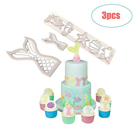 Palksky Ocean Life Fondant Mold/Mermaid Tail Cookie Cutters Starfish Seahorse Seashell Octopus Fish Cupcake Topper Under The Sea Party Cake Decoration Tool（Set of 3）