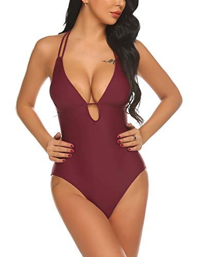 ELOVER Women One Piece Swimsuit Padded Monokini V Neck Swimwear Halter Bathing Suit