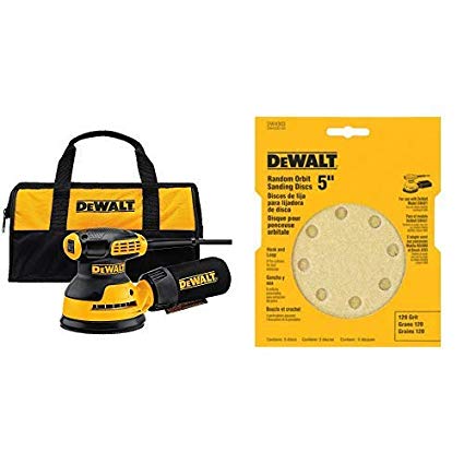 DEWALT DWE6421K Random Orbit Sander Kit, 5" with DEWALT DW4303 5-Inch 8-Hole 120-Grit Hook-and-Loop Random Orbit Sandpaper (5-Pack)