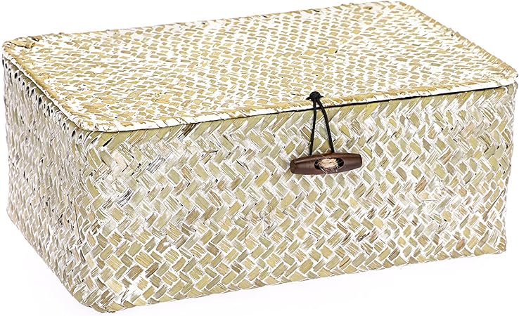 Hipiwe Wicker Shelf Baskets Bin with Lid Natural Seagrass Basket Storage Boxes Small Woven Basket Multipurpose Home Organizer Bins Box for Shelf Bathroom Living Room Home Decor, Whitewash