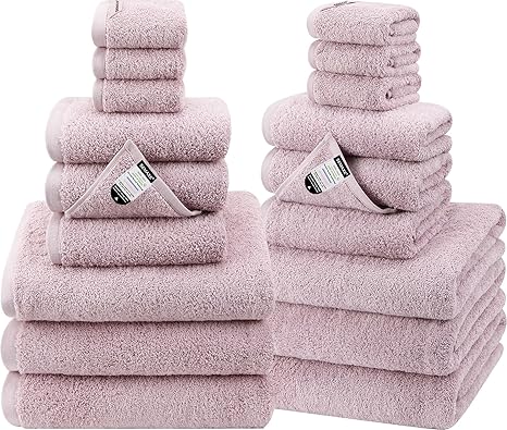 SEMAXE 18-Pack Bath Towel Set Include 6 Bath Towels, 6 Hand Towels, 6 Wash Cloths, 100% Cotton Bathroom Towels with Hanging Loops and Nano-Bio Lifecycle Labels, Soft & Absorbent Towel, Purple