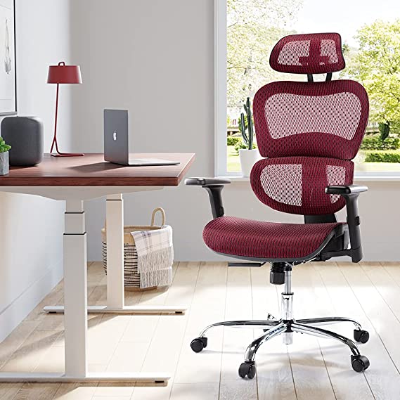 Ergonomic Chair, High Back Executive Style, Modern Office Chair with Lumbar Support, Breathable Mesh Covering, Fully Adjustable Armrests, Height and Headrest, Crimson