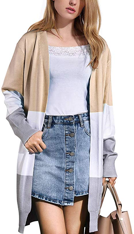 LUXUR Womens Open Front Casual Cardigan Color Block Long Sleeve Loose Knit Lightweight Cardigan Sweaters