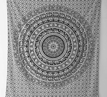 Marubhumi® Indian Elephant Mandala Tapestry, Hippie Tapestries, Tapestry Wall Hanging, Indian Black & White Tapestry , Bohemian Dorm Decor Mandala Tapestries