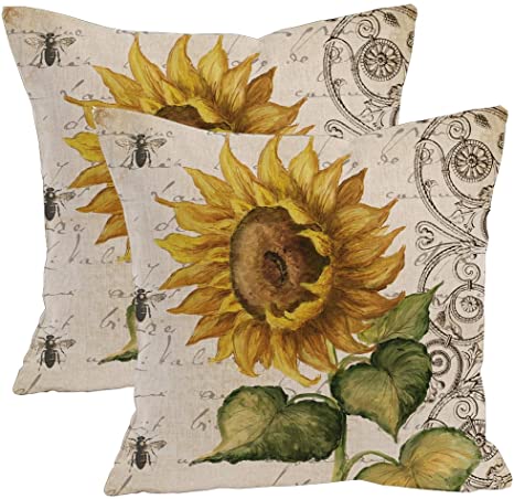 2Pcs Oil Painting Sunflower Throw Pillow Case Cushion Cover Decorative Cotton Blend Linen Pillowcase for Sofa 18"X 18", Vibrant Yellow Flower Vintage Zippered Throw Pillow Cover Decorative