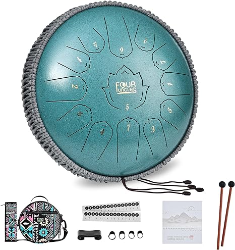 FOUR UNCLES Steel Tongue Drum 12 Inch 13 Notes Hand Pan Drums with Travel Bag Sticks Music Book Mallets, C Major Musical Instruments for Entertainment Meditation Yoga Zen Gifts (Malachite)