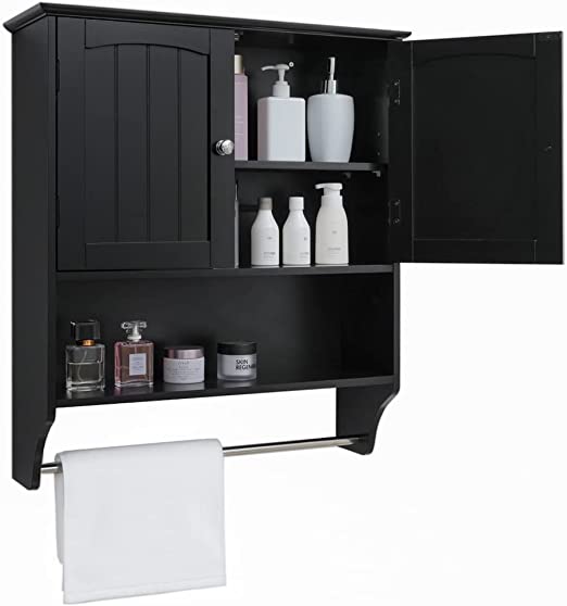Iwell Black Bathroom Wall Cabinet with 1 Adjustable Shelf & Double Doors, Medicine Cabinet for Bathroom, Wall Mounted Bathroom Cabinet, Black