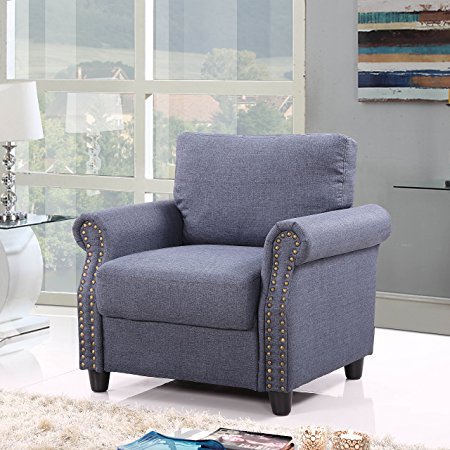 Classic Living Room Linen Armchair with Nailhead Trim and Storage Space (Blue)