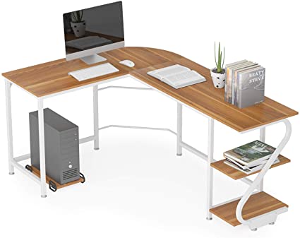 WeeHom Reversible L Shaped Desk with Shelves Corner Computer Desks for Home Office Workstation PC Laptop Gaming Table (Walnut White Leg)