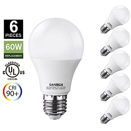 A19 LED Light Bulbs 60 Watt Equivalent, SANSUN 4000K (Daylight Glow), E26 Socket, 650Lm, UL-Listed LED Globe Bulbs - (Pack of 6)