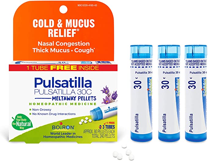 Boiron Pulsatilla 30c Homeopathic Medicine for Cold and Mucus Relief, 3 Tubes