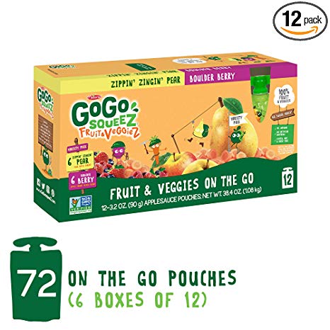 GoGo squeeZ Fruit & VeggieZ on the Go, Variety Pack (Apple Pear/Apple Berry), 3.2 Ounce (72 Pouches), Gluten Free, Vegan Friendly, Healthy Snacks, Unsweetened, Recloseable, BPA Free Pouches