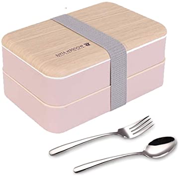 Original Bento Box Lunch Boxes Container Bundle Divider Japanese Style with Stainless Steel Utensils Spoon and Fork (Pink)