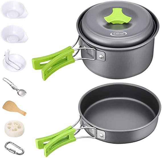 G4Free Camping Cookware Mess Kit 4/13 Piece Hiking Backpacking Picnic Cooking Bowl Non Stick Pot Pan Knife Spoon Set