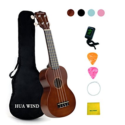 HUA WIND Soprano Ukulele For Beginners Four String Guitar Starter Ukulele Kit with Gig Bag,Tuner,Picks, Polish Cloth,Extra Strings (Brown)