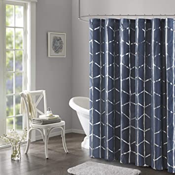 Intelligent Design Raina Shower Curtain Printed Geometric Metallic Machine Washable Modern Home Bathroom Decorations, 72" x 72", Navy/Silver