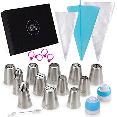 Elite Russian Piping Set by Chefast - Premium Kit of 12 Decorating Tips and Sphere Ball Nozzles, Single and Tricolor Couplers, Reusable Cake Pastry Bag, 10 Frosting Bags, 4 Icing Bag Ties & a Brush