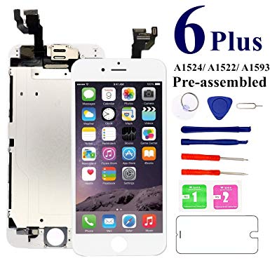 Screen Replacement for iPhone 6 Plus 5.5 inch Full Assembly [White] - LCD Display Digitizer Touch Screen with Proximity Sensor, Earpiece, Front Camera, Repair Tools for Model A1522 A1524