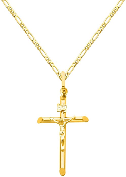 The World Jewelry Center 14k Yellow Gold Crucifix Cross Pendant with 2mm Figaro Chain Necklace