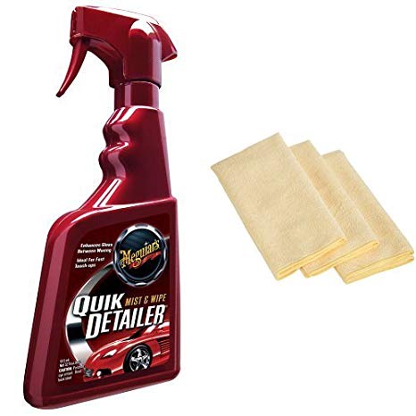 Meguiar's A3332 Quik Detailer Mist & Wipe - 32 oz. with 3 AmazonBasics Thick Microfiber Cleaning Cloths