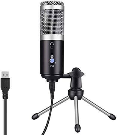 USB Microphone, 3.5mm Monitor, Mute On/Off, Volume Control, Metal with Stand, Cardioid Condenser Recording Microphone for Laptop Mac, Windows, Studio Recording Vocals, Voice Overs, YouTube (Silver)