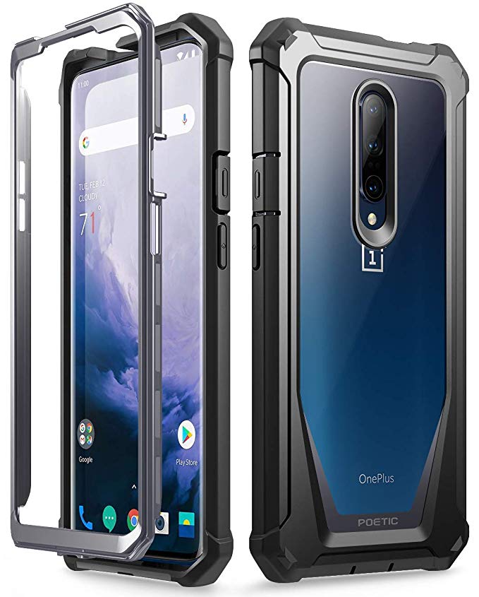 OnePlus 7 Pro Rugged Clear Case, Poetic Full-Body Hybrid Shockproof Bumper Cover, Built-in-Screen Protector, Guardian Series, Case for OnePlus 7 Pro (2019 Release), Black/Clear