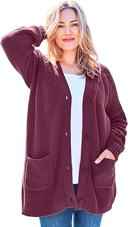 Woman Within Women's Plus Size Button-Front Shaker Cardigan