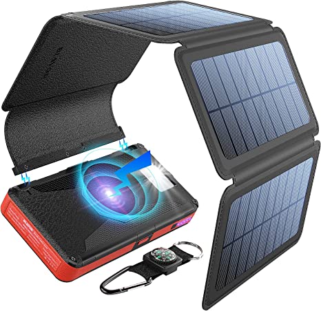 BLAVOR Solar Charger Five Panels Detachable, Qi Wireless Charger 20000mAh Portable Power Bank with Dual Output Type C Input Flashlight and Compass Kit (Red)