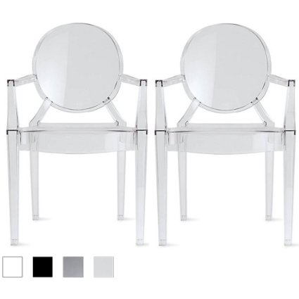 2xhome Set of (2) Clear Modern Ghost Chair Armchair With Arm Polycarbonate Plastic Clear Transparent Crystal