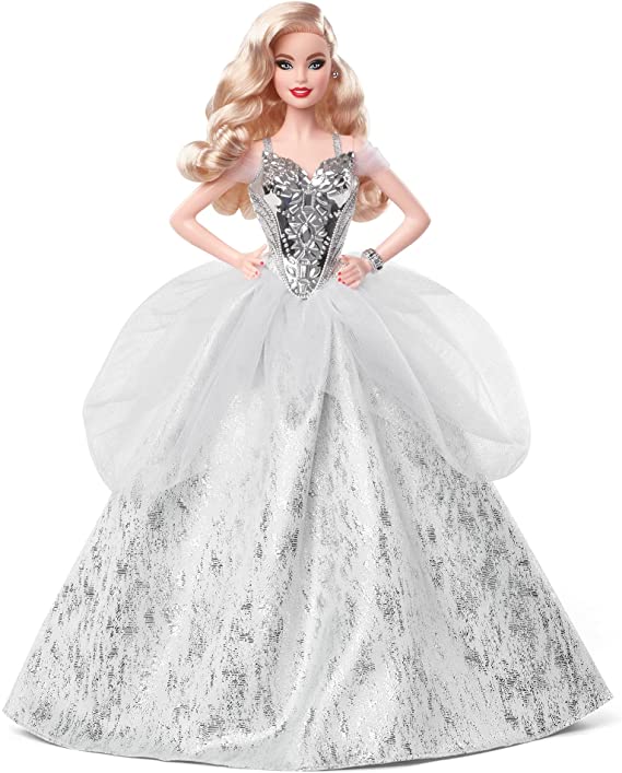 Barbie Signature 2021 Holiday Doll (12-inch, Blonde Wavy Hair) in Silver Gown, with Doll Stand and Certificate of Authenticity, Gift for 6 Year Olds and Up