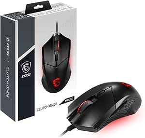 MSI Clutch GM08 - Mouse Gaming simmetrico USB, LED Rosso, Sensore Ottico PAW 3519 (4200 DPI), Switch fino a 10 mln di click, sistema di pesi modificabili, Nero