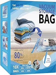 10 Pack Vacuum Storage Bags, Space Saver Bags with Hand Pump, Vacuum Seal Bags for Clothing, organization and storage Comforters, Pillows, Towel, Blanket Storage, Bedding,moving supplies.