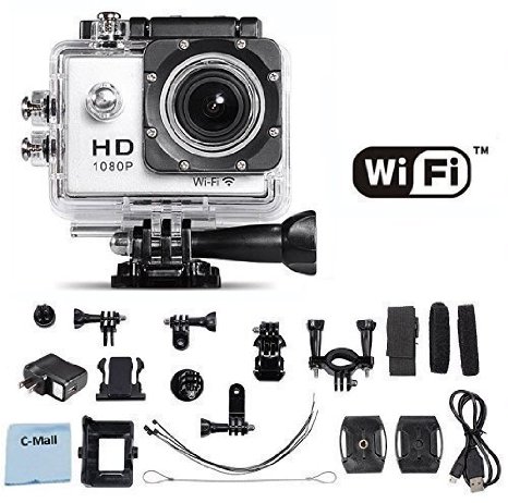 WiFi Action Camera 12MP 1080P H264 15 Inch 170 Wide Angle Lens For Sports Diving Motorcycles Snowmobiles Snowboarding and more White
