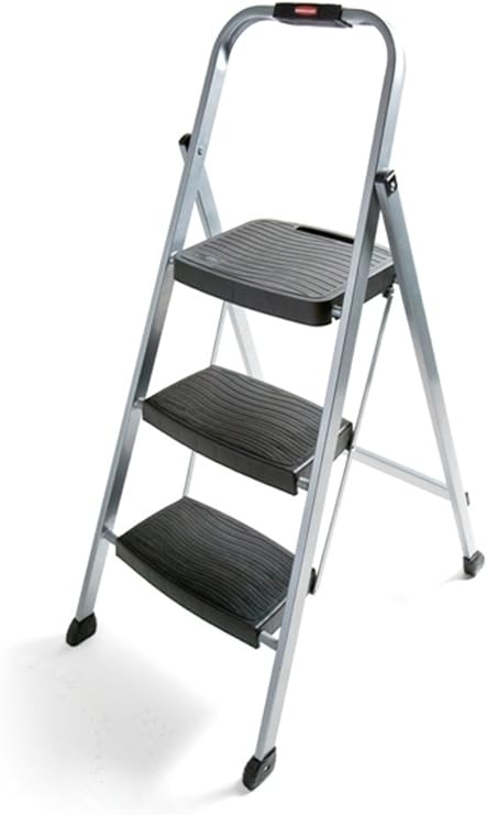 Rubbermaid RM-3W Folding 3-Step Steel Frame Stool with Hand Grip and Plastic Steps, 200-Pound Capacity, Silver Finish