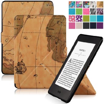 Kindle Paperwhite SmartShell Case Cover,WizFun Slim Stand-able PU Leather Case Cover with Auto Wake/Sleep for Amazon Kindle Paperwhite (Fits versions: 2012, 2013, 2014 and 2015 New 300 PPI) (MapBrown)