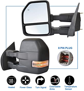 JZSUPER Towing Mirrors for Ford F150 Pickup Truck 2015 2016 2017 Power Heated with Turn Signal Light - 8 Pin Plug Black Housing