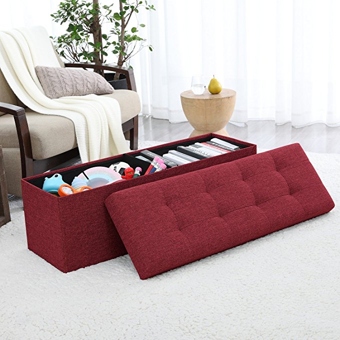 Ellington Home Foldable Tufted Linen Large Storage Ottoman Bench Foot Rest Stool/Seat - 15" x 45" x 15" (Burgundy)