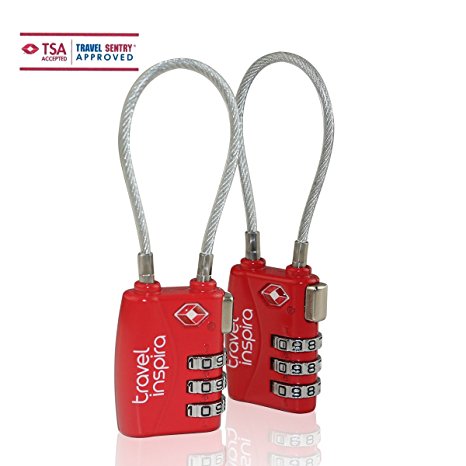 Travel Inspira TSA Luggage Padlock -Cable Combination Travel Lock for Suitcase & Backpack &Gym -2Pack (Red)