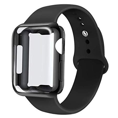 GBPOOT Compatible for Apple Watch Band 38mm 40mm 42mm 44mm, Soft Silicone Replacement Sport Wristband with Apple Watch Screen Protector Case Compatible for Apple Watch Iwatch Series 1/2/3/4