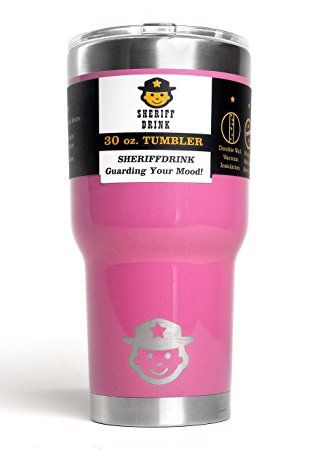 Sheriffdrink 30 oz Double Wall Vacuum Insulated Stainless Steel Tumbler - w/ 4 Bonus Ebooks and Extra Splash Proof Lid - Powder Coated w/ Glitter - Pink